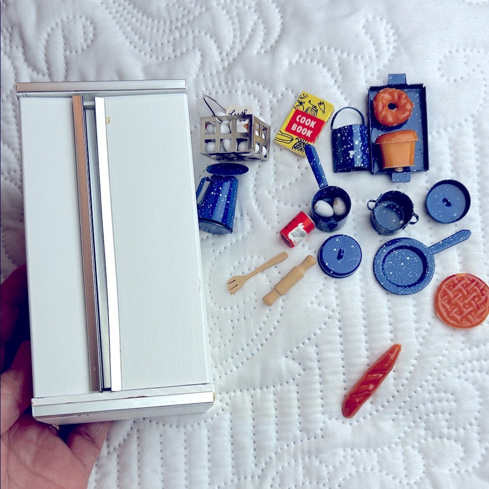 Miniature White Refrigerator and Kitchen Accessories Set of 19 Dollhouse